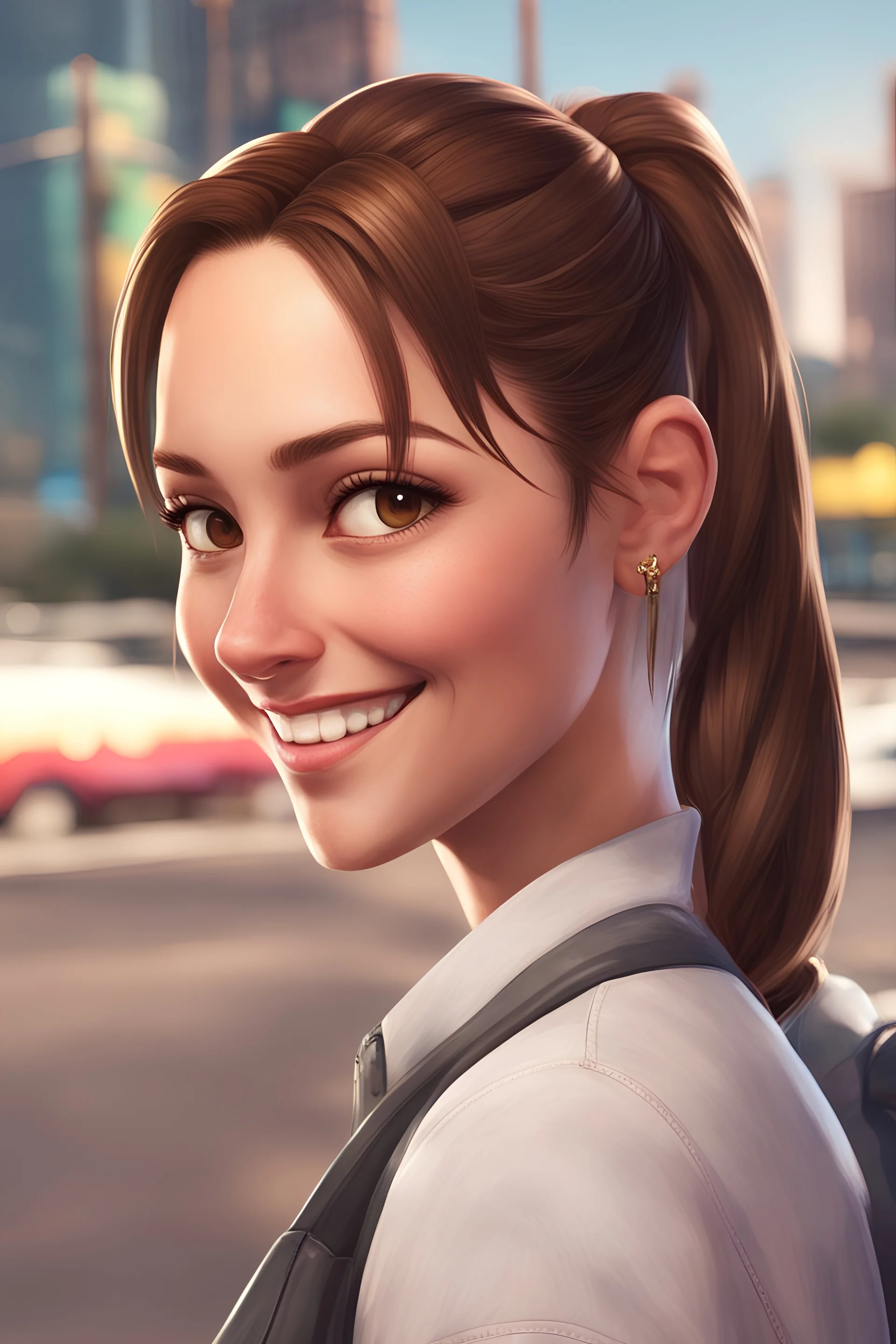 gta, woman, brown hair, ponytail, sweet smile, brown eyes,