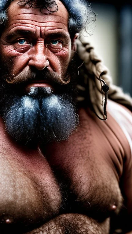 full figure shot photography of a ugly strong beefy serious sweat gipsy worker of a mining truck, 52 year old man, manly chest, long beard, long curly wet hair , sitting on a chair, mini boxer, bulge, big feets, big tights, sharp focus, street photo, intricate details, highly detailed, photorealistic, frontal view from the ground