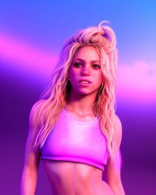 portrait, Shakira, blonde artist, Realistic image, drinking a strawberry milkshake, pink line make-up, sweat, fog, goddess style, Neon colors, leds. Color background, photo studio, concept art, smooth, unreal engine 5, god lights, ray tracing, RTX, lumen lighting, ultra detail, volumetric lighting, 3d, finely drawn, high definition, 4k.