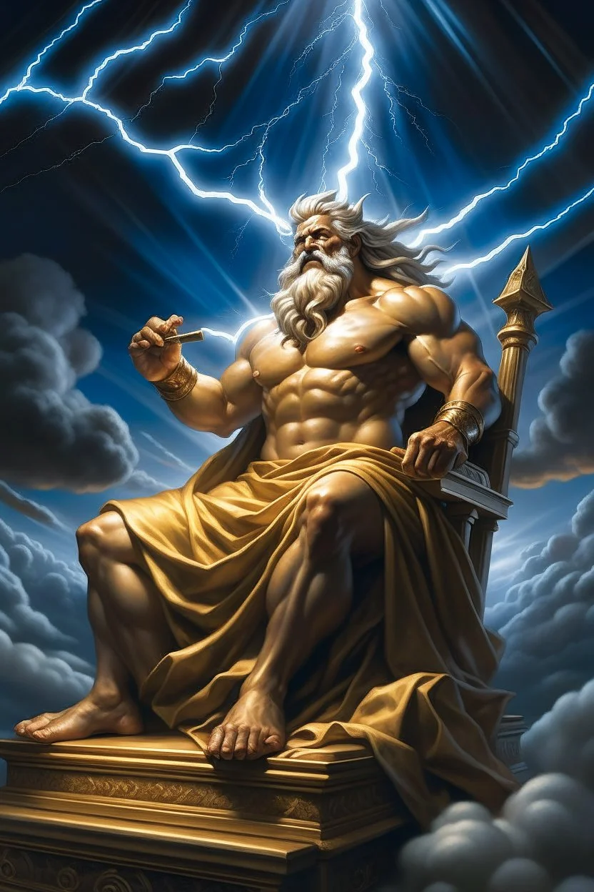 "Behold the majestic figure of Zeus, ruler of the heavens, as he sits upon his throne of clouds, his lightning bolt in hand, ready to strike down any who dare challenge his divine authority."