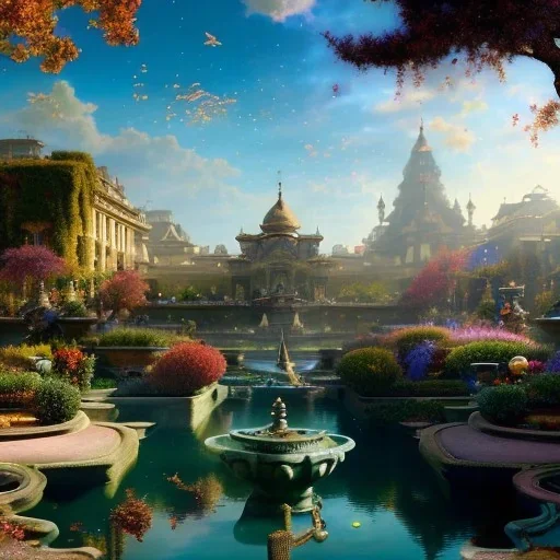 Hyperdetailed oil on canvas, young robyn lively sits by the ornate fountain, goldfish pond, lotus, detailed face, long red curly hair; by gaspar camps, maxfield parrish, alphonse mucha, cyril rolando, dan mumford; luminous colorful sparkles, glitter, airbrush, octane render, volumetric lighting, 16k