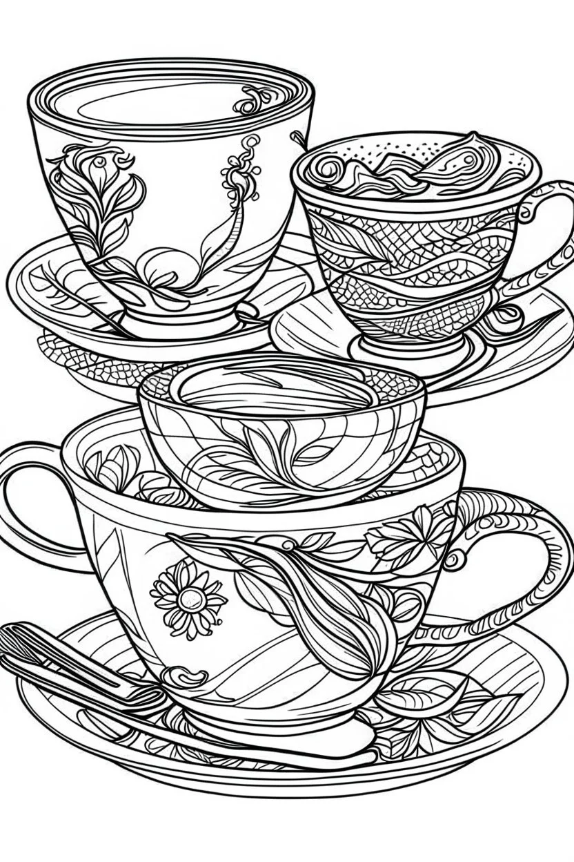 Outline art for coloring page, TEACUPS WITH SPOONS, coloring page, white background, Sketch style, only use outline, clean line art, white background, no shadows, no shading, no color, clear