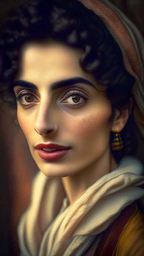 a female face in the styles of Egon Schiele, gustave dore and david mann, retro vintage style, hd photography, photorealistic:1.5), raw photo, 8K, Ultra HD: 1.5)(masterpiece:1.3, ultrahighres, :1.2) Cinematic shot of arab 23 years old, ultra petite, woman with pale skin she is sitting on an old chair, the woman who is alluring beautiful charming engaging enticing fair glamorous good-looking gorgeous handsome interesting inviting lovely pleasant pleasing tempting fit good-looking gorgeous lush dr