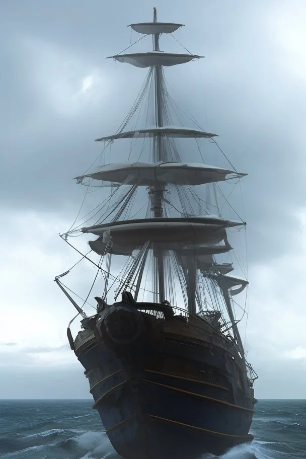 Ship front view. Spider figurehead in dark stormy weather