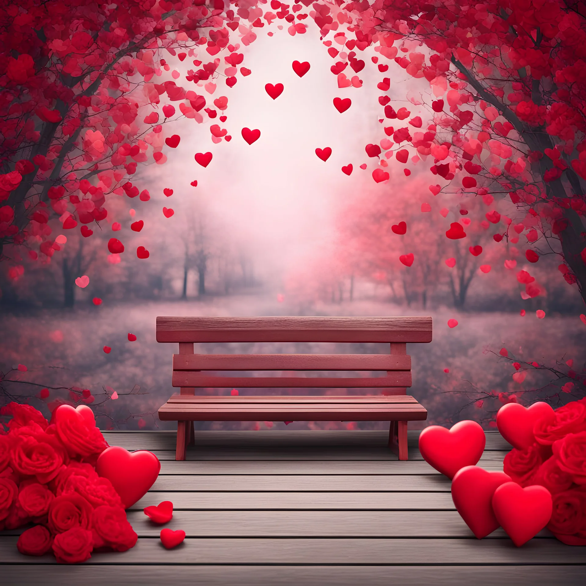 Background for Valentine's Day with red romantic and a bench