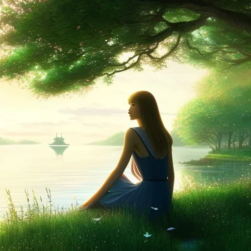 digital art, Girl sitting by the river, green landscape with bioluminescent trees, high quality, intricate detail, sharp focus, theme park, romantic, at dusk, light dust, makoto shinkai, studio ghibli