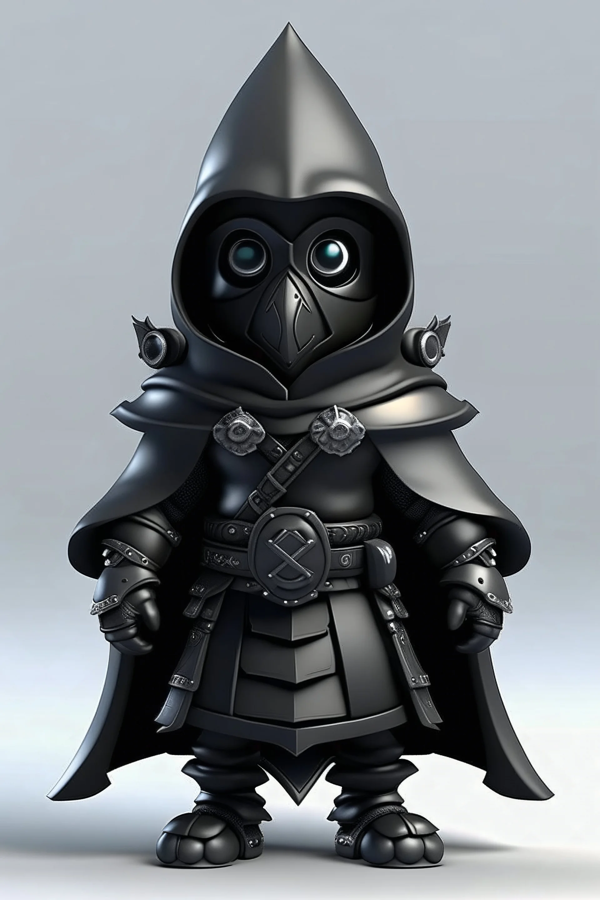 male gnome with jet-black skin, eyes like faceted crystal, wearing full leather armor, a black hooded cloak and a full mask