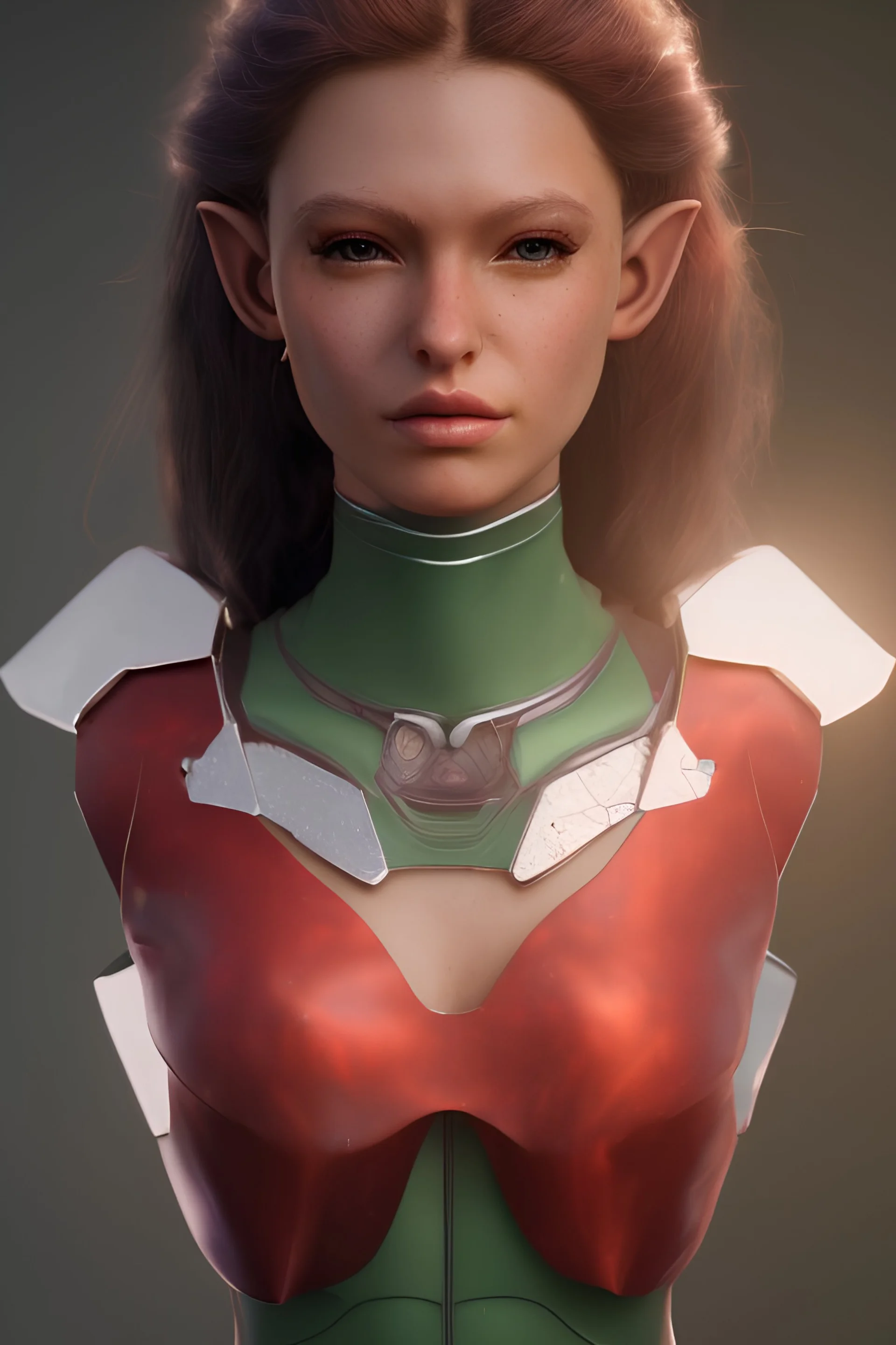 female beautiful elf, high cheekbones, white scale high tech armor, cybernetic jaw, cybernetic throat, blue crystal in the center of the armor, laying on the back at grassfield, single character, red hair, single pony tail, green eyes, photorealistic