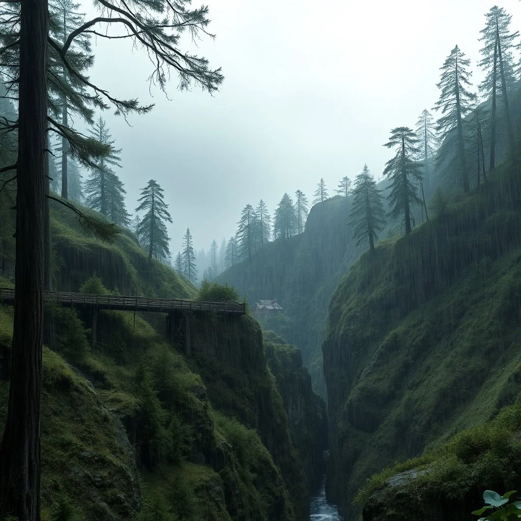 visible view from the side one old stunning wooden bridge connects the two gorge it is between two shores, sprawling, tall dark trees on both shores, in the distance in the background little village made wooden houses on the rock,, rainy landscape, lush vegetation , tall thick alien trees, massive trees in landscape, high detailed, rainy day, high photorealistic, fantasy cinematic