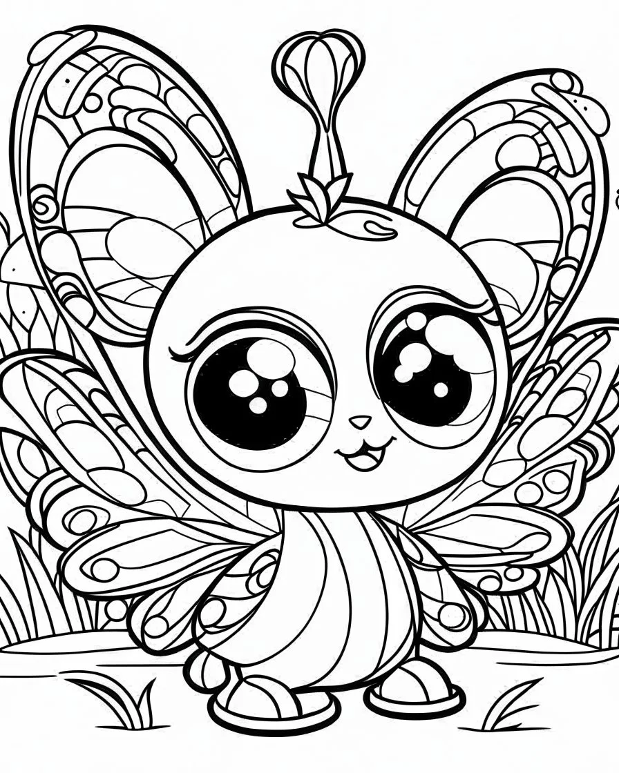 Cute butterflies, big cute eyes, pixar style, simple outline and shapes, coloring page black and white comic book flat vector, white background