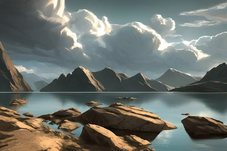 rocks, lake, clouds, epic, sci-fi