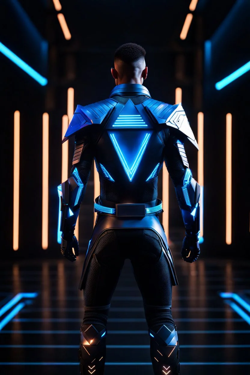 cyberpunk, neon blue, floating triangle of light behind the back, cyber armor, geometric patterns on an armor, male, orbiting triangle