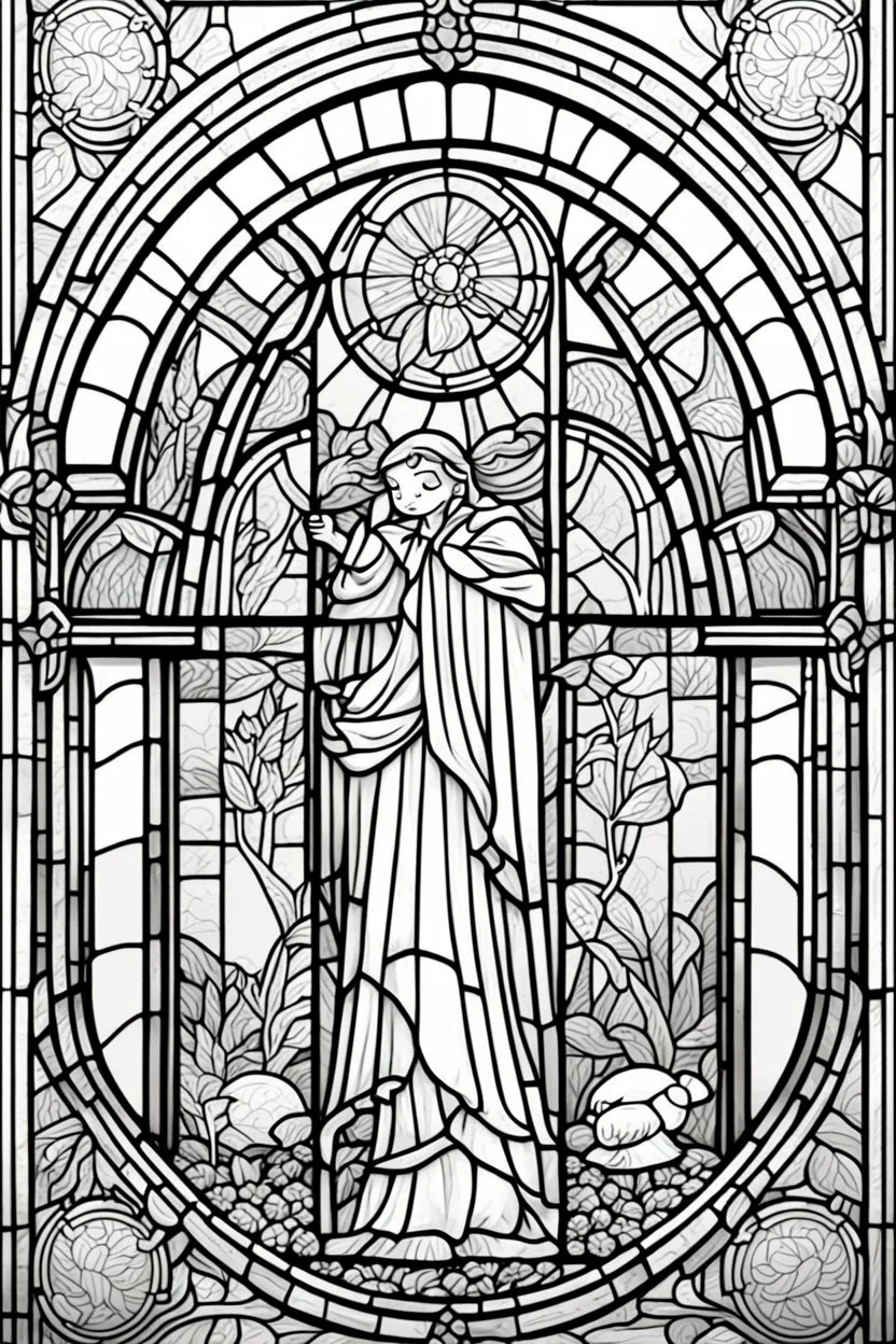 kids coloring page, stained glass window, cartoon style, thick lines, low detail, no shading