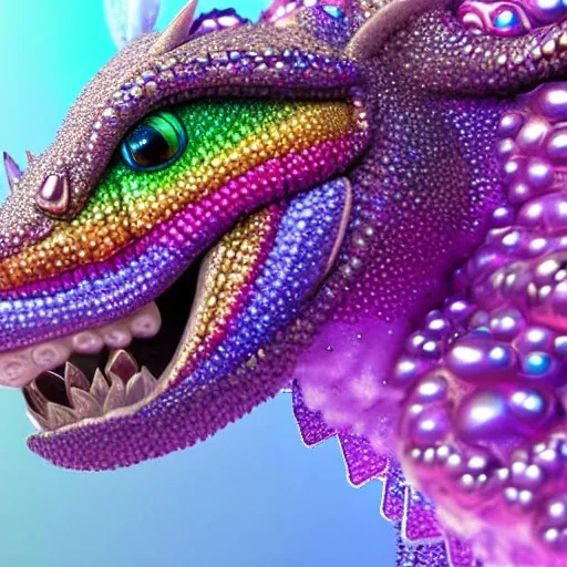 close-up portrait of cute, adorable baby dragon made of crystals and gems, glittery scales, iridescent wings, sitting on a cloud of cotton candy, muted rainbow colors, intricate, fine detail, 8k, sharp, crisp, high-quality, 3d octane render, blender