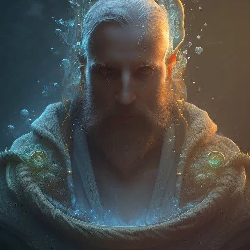 close up of robed monk in candle light, Dark fantasy concept art, dynamic lighting, Intricately detailed, Splash screen art, deep color, Unreal Engine, volumetric lighting, blue flowers, moss, leather, creek, flowing water, fantasy dark forest artwork,