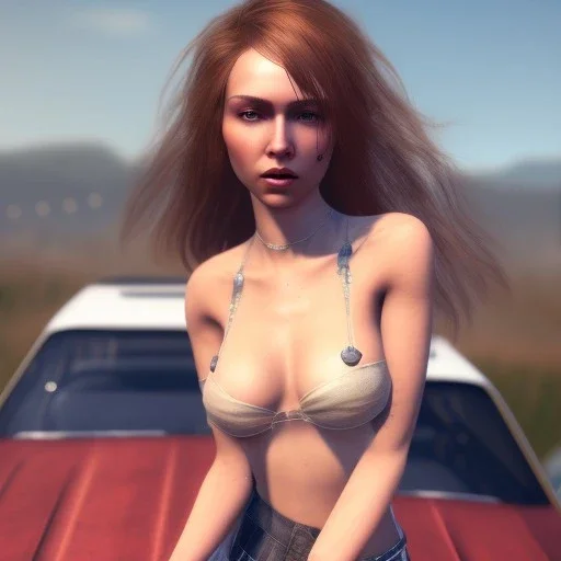 happy cute chick sitting on roof of a car portrait, wreckfest, spectacular graphics, unreal, long hair, eye patch