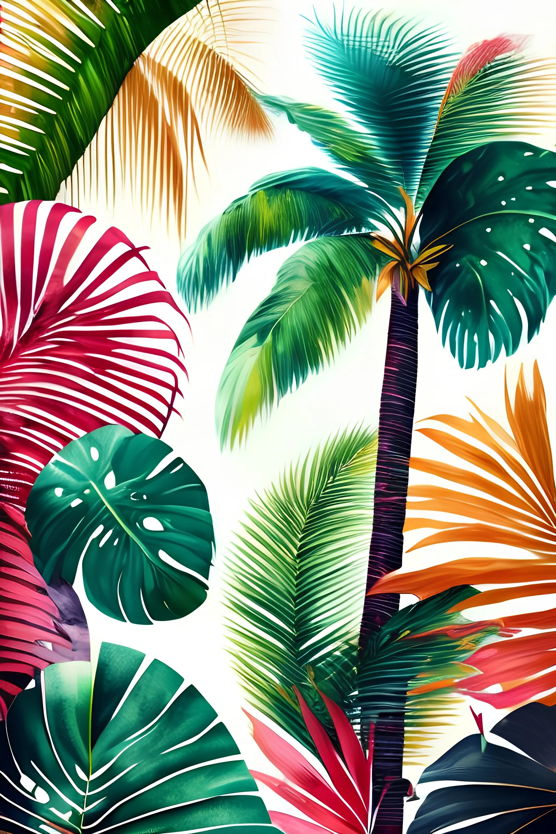 "Create AI wall art featuring a tropical paradise. Imagine a lush palm tree print and tropical leaf design. Emphasize vibrant, natural colors and a 16 x 20 print format. Craft an inviting wall poster, perfect for gifting or enhancing any living space with a touch of tropical serenity."