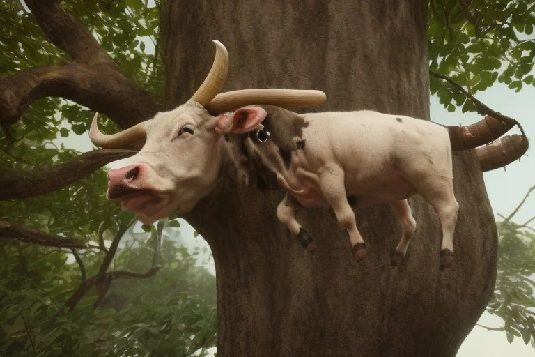 cow stuck in the top of a tree can not get down