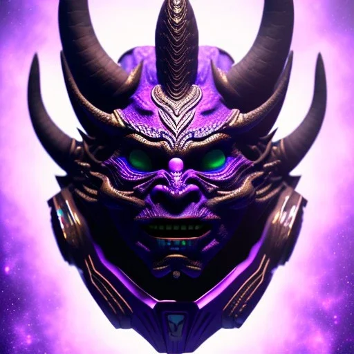 oni purple mask in galaxy, teal and purple smoke, detailed, realistic, 4k