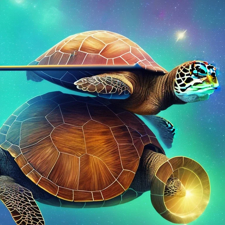 Fantastic digital art of a meditating turtle with closed eyes holding a wooden rod, high definition, best artist style, magical powers, medium shot, background galaxy