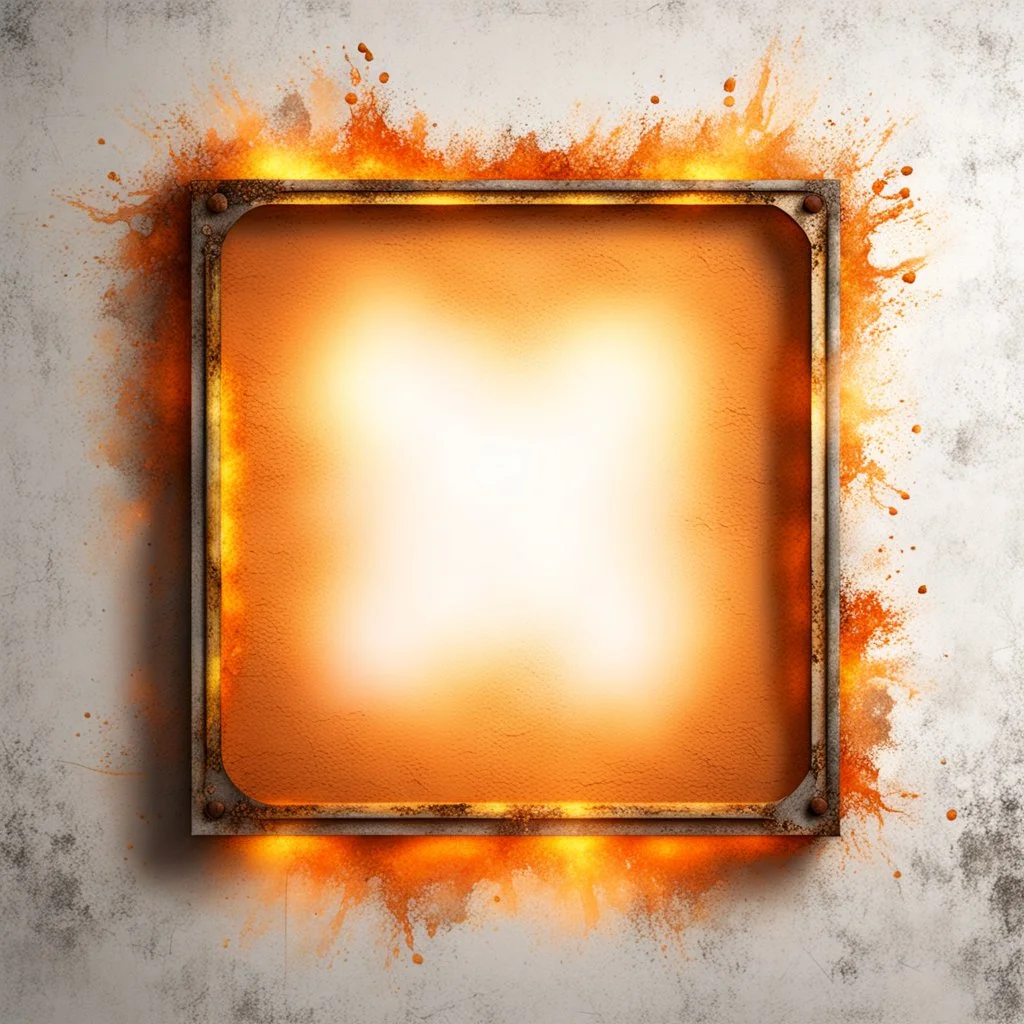 Hyper Realistic Light-Orange Grungy-Frame-Texture With Glowing-Golden Embers on Grungy Retro-Jet-White-Wall-Background.