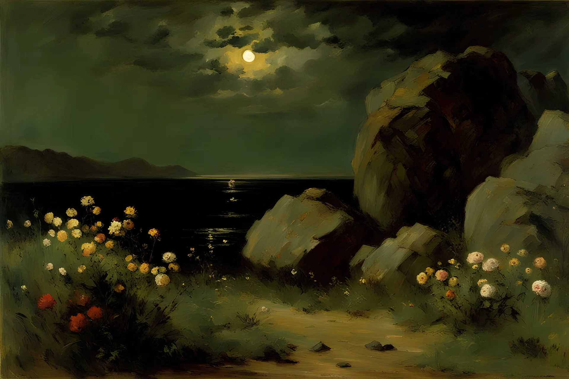 night, clouds, rocks, mountains, flowers, spring, epic, alfred stevens and philipp franck impressionism paintings