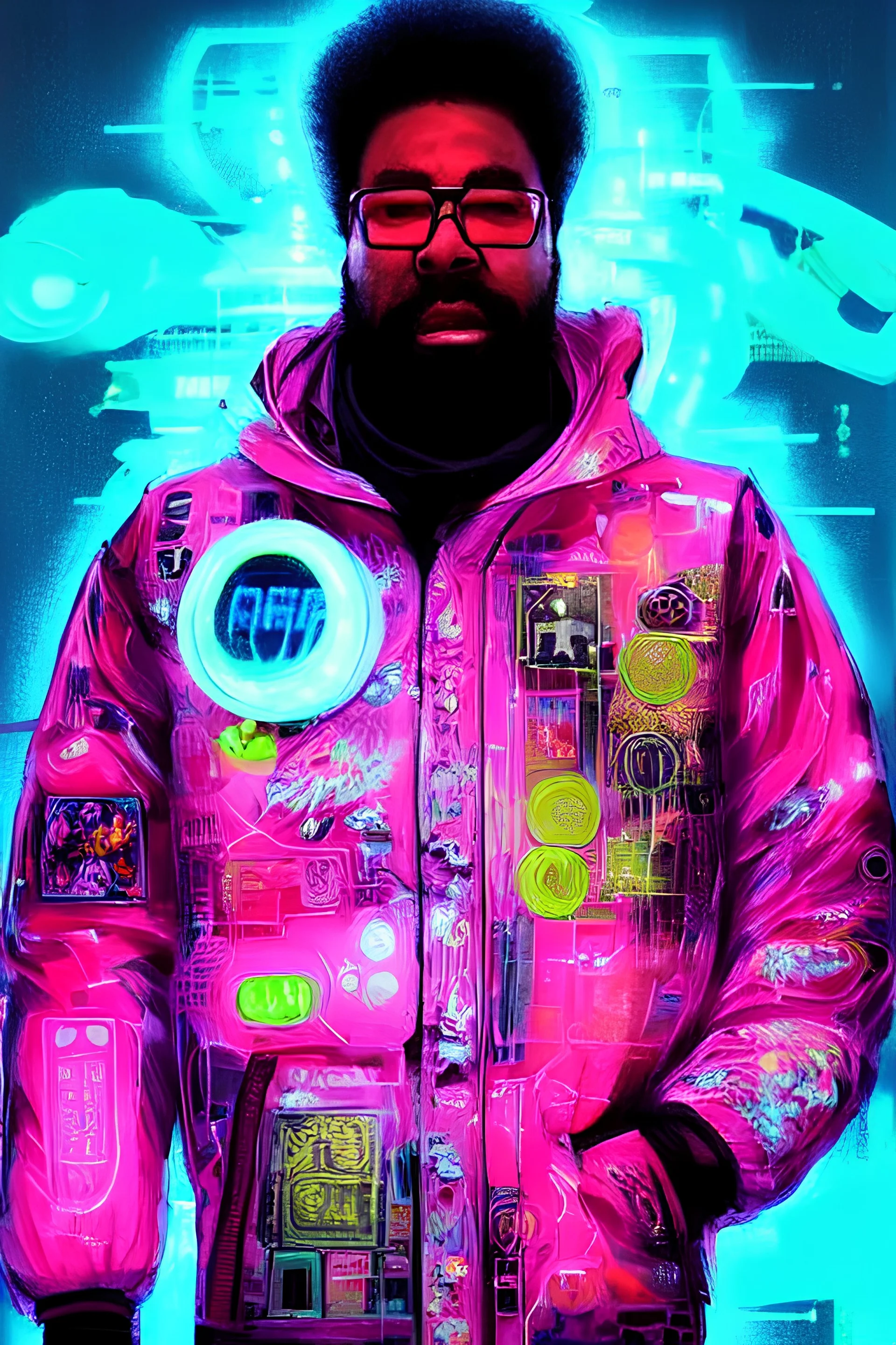 detailed portrait Questlove Neon Operator, cyberpunk futuristic neon, reflective puffy coat, decorated with traditional Japanese ornaments by Ismail inceoglu dragan bibin hans thoma !dream detailed portrait Neon Operator Girl, cyberpunk futuristic neon, reflective puffy coat, decorated with traditional Japanese ornaments by Ismail inceoglu dragan bibin hans thoma greg rutkowski Alexandros Pyromallis Nekro Rene Maritte Illustrated, Perfect face, fine details, realistic shaded, fine-face, pretty f