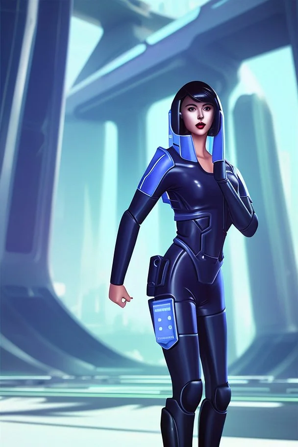 full body picture of a policewoman, futuristic city background