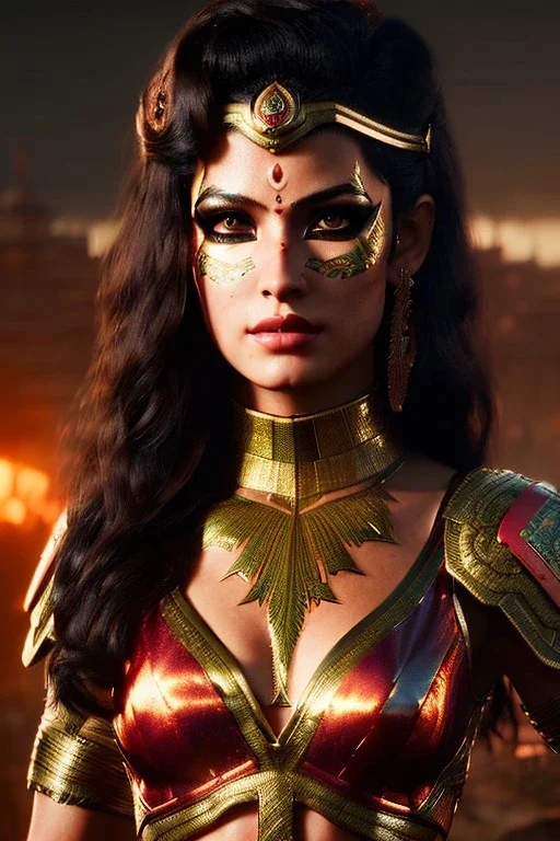 Amazon warrior, waist up portrait, 8k resolution, intricate details, ornate details, soft lighting, vibrant colors, retroanime, masterpiece, intricate eyeliner, dark eyeshadow, eyes, facepaint, hair, intricate tattoos, jungle background