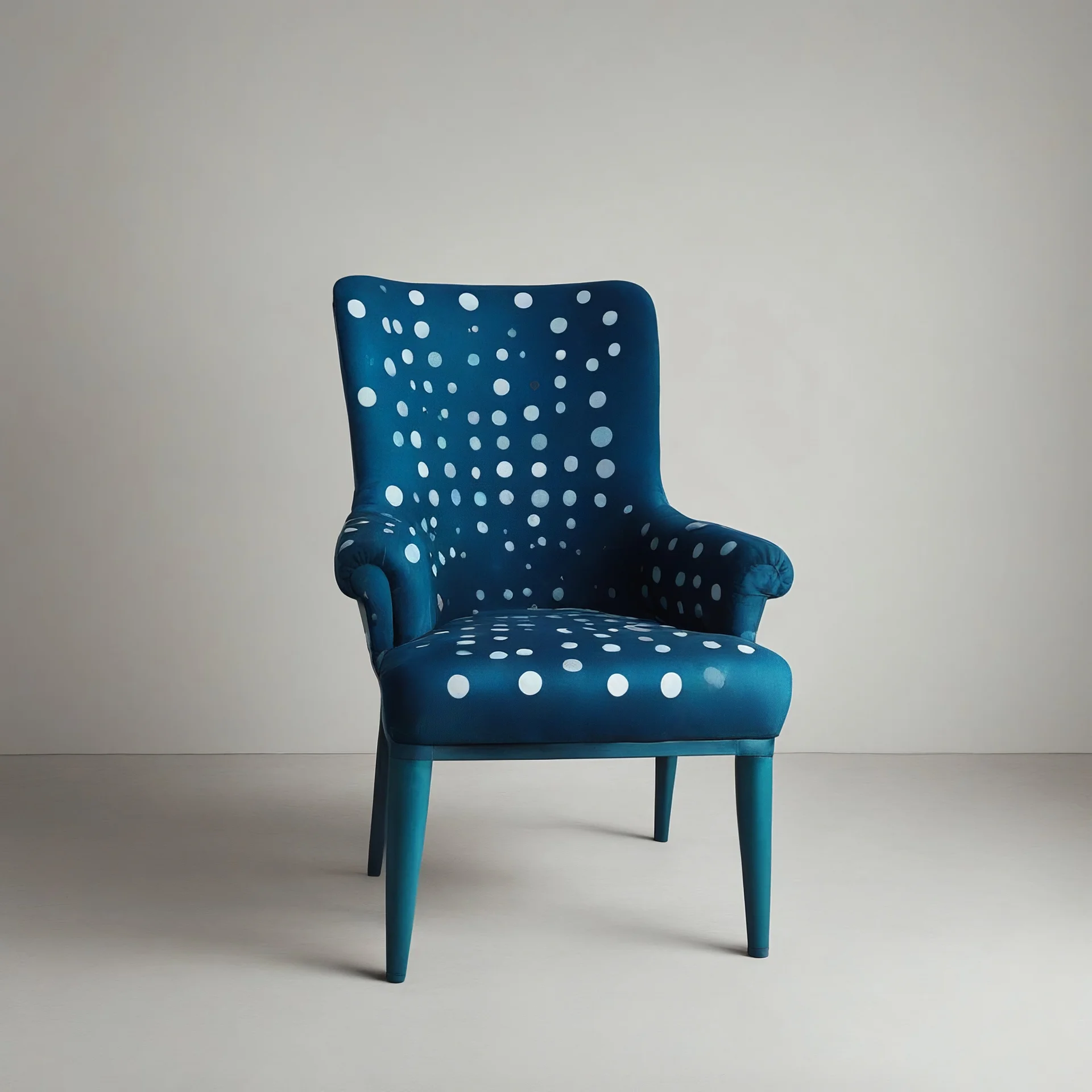 Un siege peint entièrement en bleu marine, avec des pois turquoise réguliers