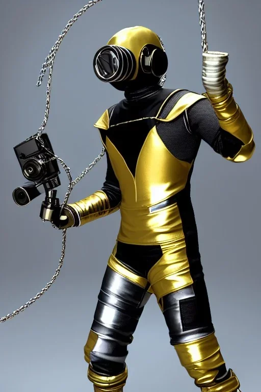 Metallic Cyber-punk style man with camera-mask and old AKG-style headphones with golden rings. Fencing mask covers man's cheeks. Good body shape. Reflective plastic. Body and head full of integrated old-fashioned cameras. Ancient silver telephone attached to perfect body, trunk. Euclidean 3D-tiling, Escher tiling, background. Cables from shoulder, connect. Daft Punk, Tron Matrix movie black leather jacket, tippet. Yellow latex areas in black leather surfaces body. 1990's. Trypophobia, small hole