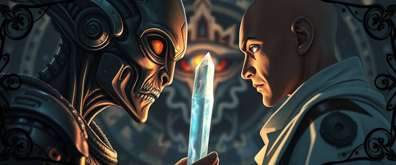 Close-up confrontation between an ancient alien outcast leader synth and a space broker, standing only a meter apart, intense eye contact, glowing crystalline rod between them, anger mixed with sadness, dramatic facial expressions, shallow depth of field, cinematic lighting, stylized 3D anime, airbrush painting, crisp outlines, , rembrandt , black swirly border with sacred geometry, characters drawn in front of border, eye tyrant beholder in blurred background