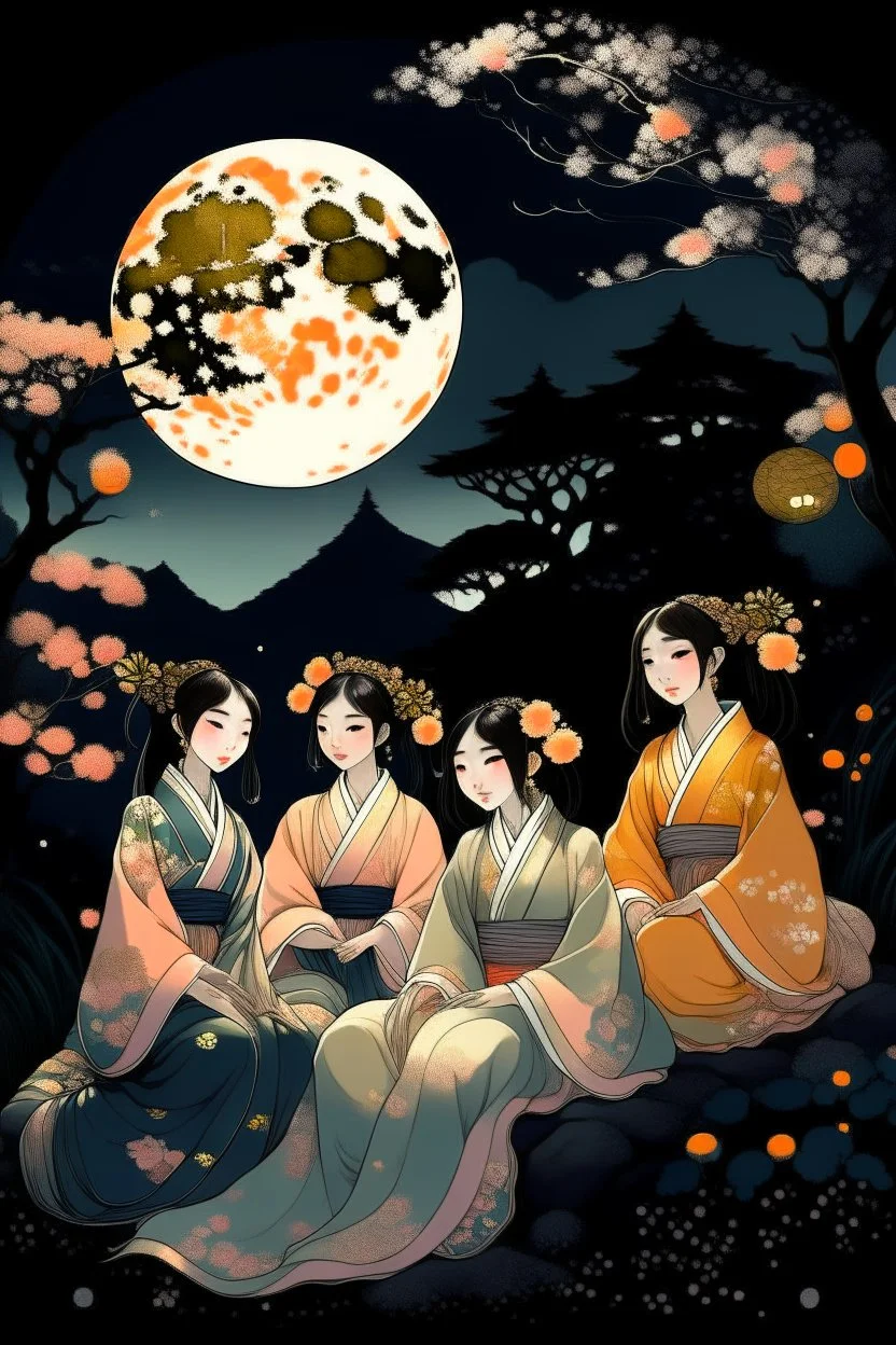 Create an evocative AI art piece depicting Japanese moonlit nightwives, inspired by folklore. Illustrate ethereal women in traditional attire, engaged in quiet activities under the soft glow of the moon. Infuse an air of mystique and nostalgia while celebrating the enchanting tales of Japan's nightwives.