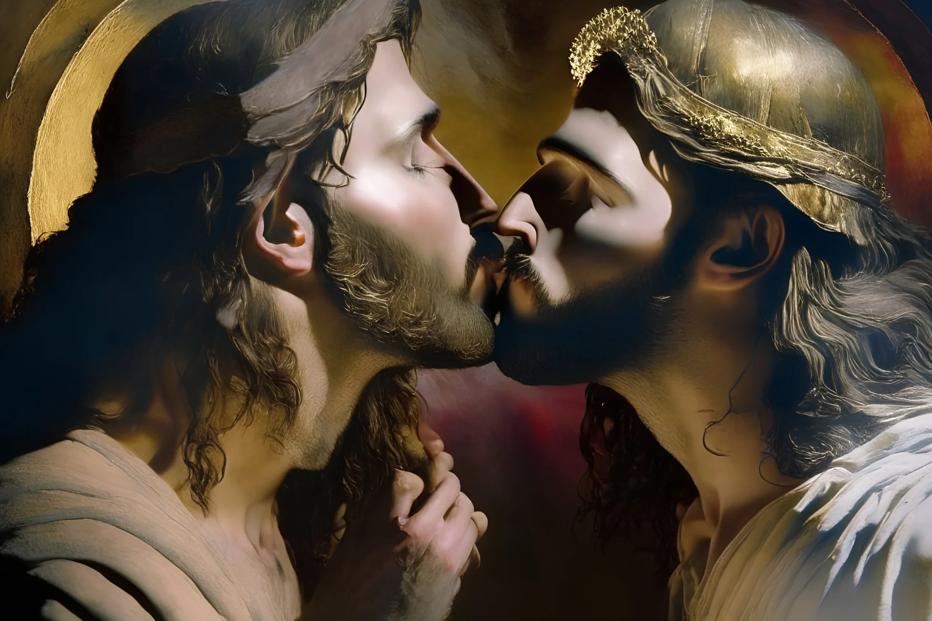 egy másik szakállas férfival jézus smárol and gloriás Jesus Christ flirtatiously kissing picture, rich in detail. They were loosely dressed. They are very much in love with Jesus On the edge of the abyss, where the eternal abyss is and everything is embraced around them by beings of light. There are also ape-men and big black shadows with hoods and stoles. 4K Blurred image of Jesus with a monkey head