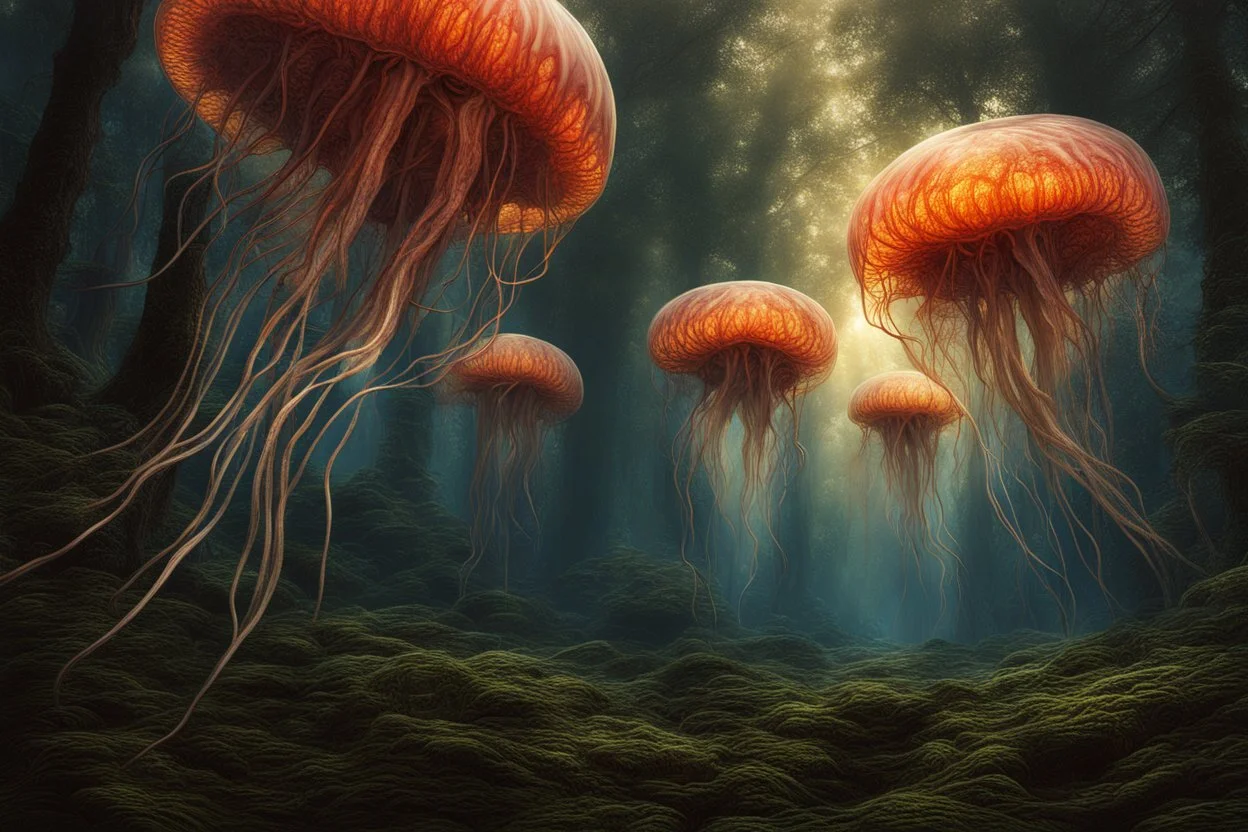 Alien jellyfish forest, photorealistic, Detailed Matte Painting, Deep Colour, Fantastical, Intricate Detail, sunshine, blue sky