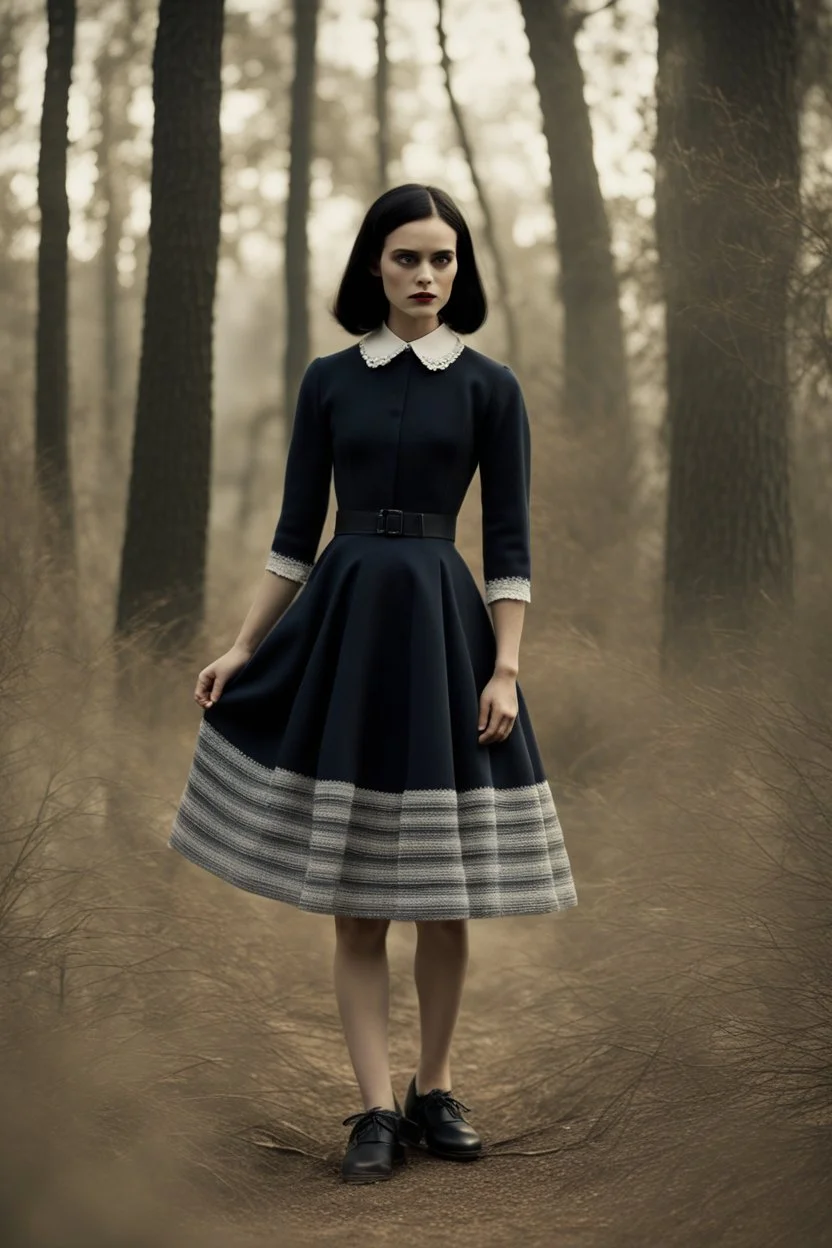 Wednesday Addams wore a fit-and-flare dress hitting below the knees, made of finely ribbed wool in a muted charcoal. Three-quarter sleeves and a high lace collar lent it an air of mystery. At the waist was tied a wide sash of deepest navy silk, swaying gently as she walked. On her narrow feet were oxford shoes the color of stormclouds, laced up to her ankles. A felt hat the same gunmetal hue covered her dark bob, its slight brim casting deepening shadows across her pale features.