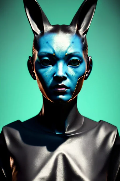 Medium Close Up Portrait, Front image. cyberpunk, rabbit mask, asian woman, cyber hair. Latex dress. Yellow, black, color. Mad max style. Color background, photo studio. Avatar image, highly detailed, concept art, smooth, unreal engine 5, ray tracing, RTX, lumen lighting, ultra detail, volumetric lighting, 3d, finely drawn, high definition, high resolution.