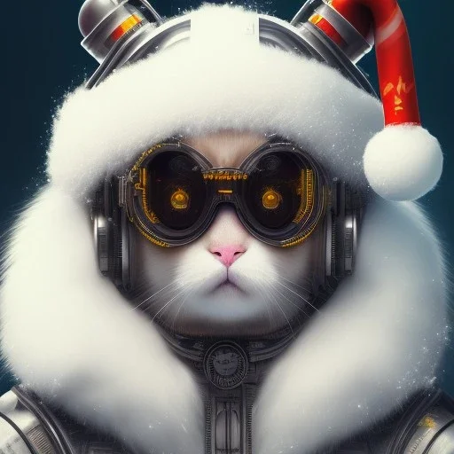 Cyberpunk Portrait of cyborg cat child with brown hair and with cute face, north pole snowy vibe , perfect composition, hyperrealistic, super detailed, 8k, high quality, trending art, trending on artstation, sharp focus, studio photo, intricate details, highly detailed, by greg rutkowski