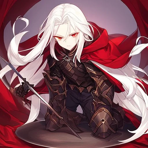 Vampire knight, young man, handsome, long white hair, black full plate armor, red cape