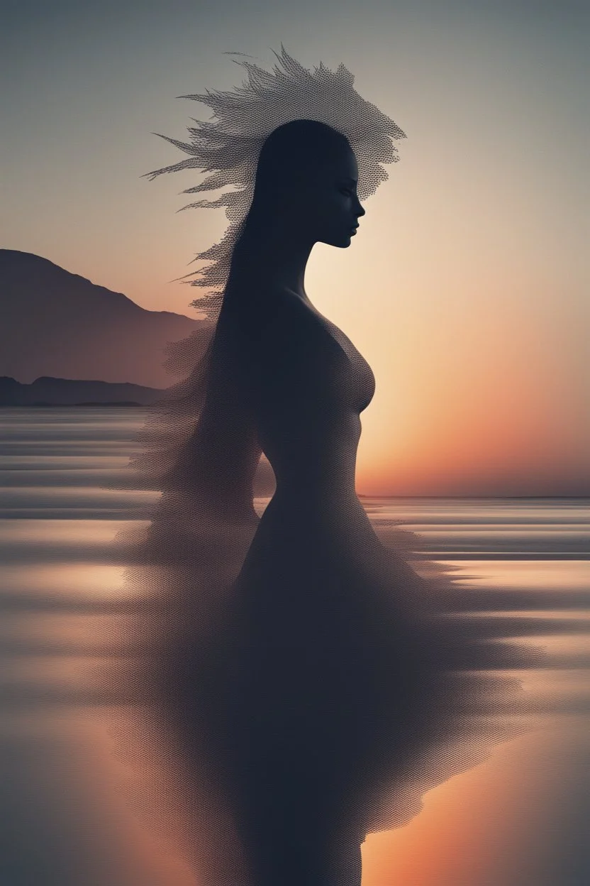 high quality, 8K Ultra HD, A beautiful double exposure that combines an goddess silhouette with sunset coast, sunset coast should serve as the underlying backdrop, with its details incorporated into the goddess , crisp lines, The background is monochrome, sharp focus, double exposure, by yukisakura, awesome full color,