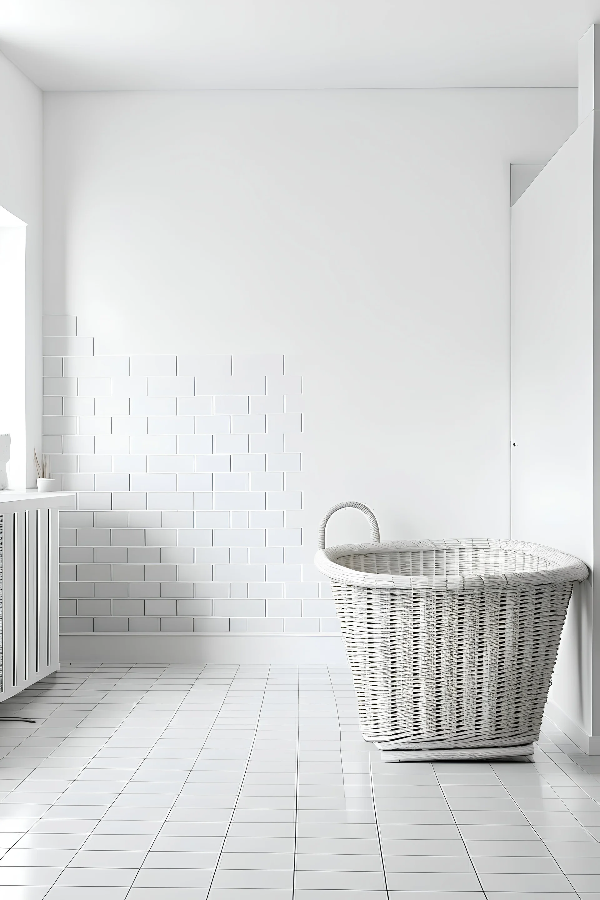 white wall, front view with laundry basket to right on floor