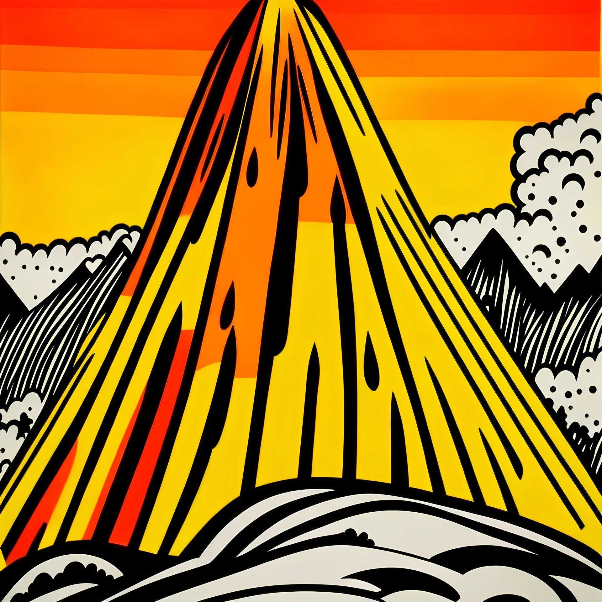 An orange volcano with pillars painted by Roy Lichtenstein