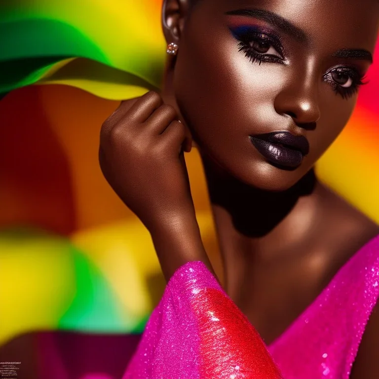 masterpiece, best quality, woman, dark skinned, sparkling eyes, fluorescent skin, colorful makeup, blond flutter hair, highly detailed body, sun light, 4K, RAW, depth of field, high contrast, realistic details, 24mm