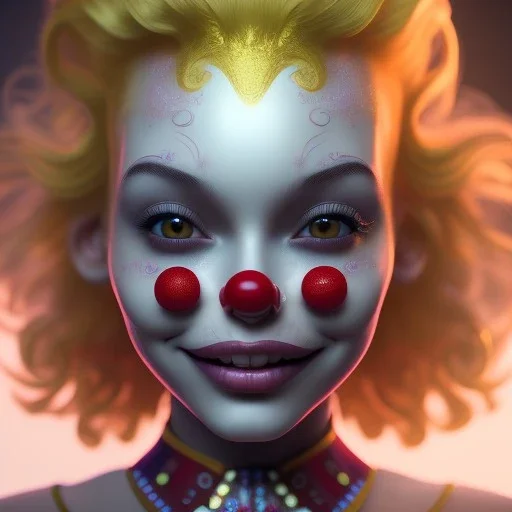 Ultra detailed very beautiful smileing cute clown girl,beautiful real skin, red nose, shallow of dept 3d, symmetrical, ultra detailed curl hair, ambient lighting, ultra detailed face, concept art, circus,party, digital painting, octane render,quixel megascans, depth of field (or dof),film photography, dslr, cinema4d, studio quality art by artstation