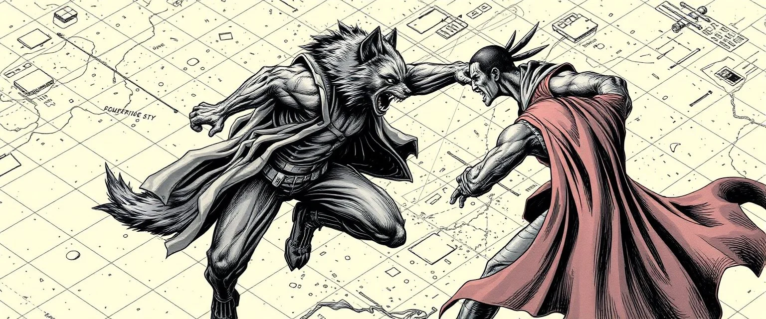 werewolf vs vampire cyberpunk action scene, acrobatic dodge, cape, all seen drawn on detailed isometric grid map