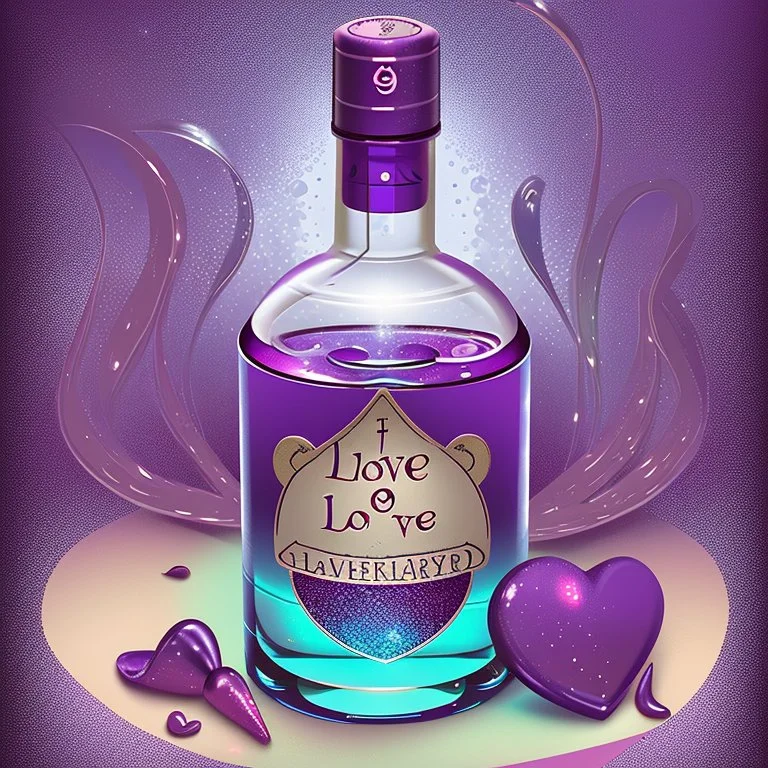 Cartoon illustration of love potion number 9 bottle sparkling, enchanted, fantasy illustration, highly detailed vintage story art style, purple tones, exaggerated, surreal