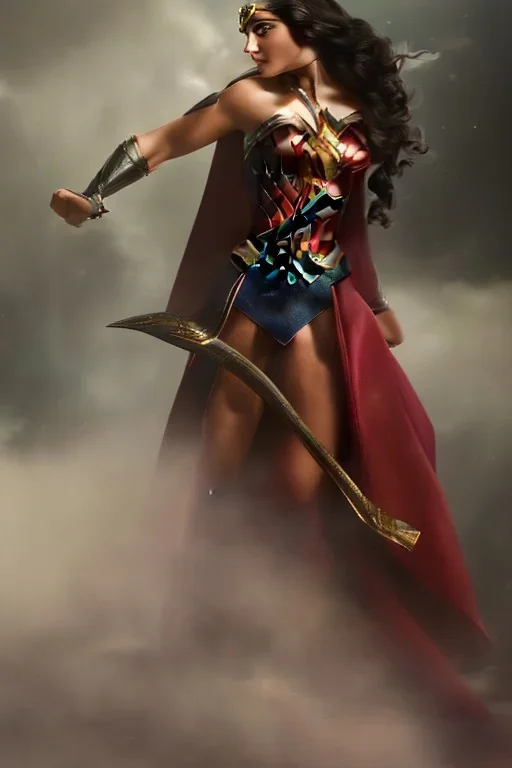 Portrait lady, full body shot, full-color long shot, style of Wonder Woman, skin-tight