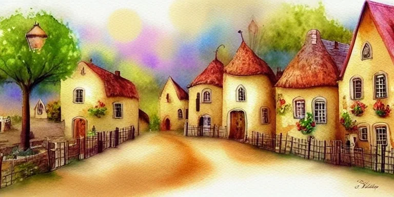 exquisite whimsical village watercolor, delicate village, cute, adorable, linen backdrop, warm colors, sepia tone