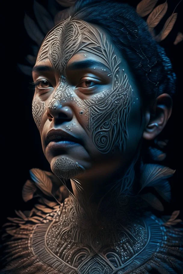 portrait of a maori woman, fractal, intricate, elegant, highly detailed, digital photography, subsurface scattering, cinematic lighting, by jheronimus bosch and james jean and greg rutkowski