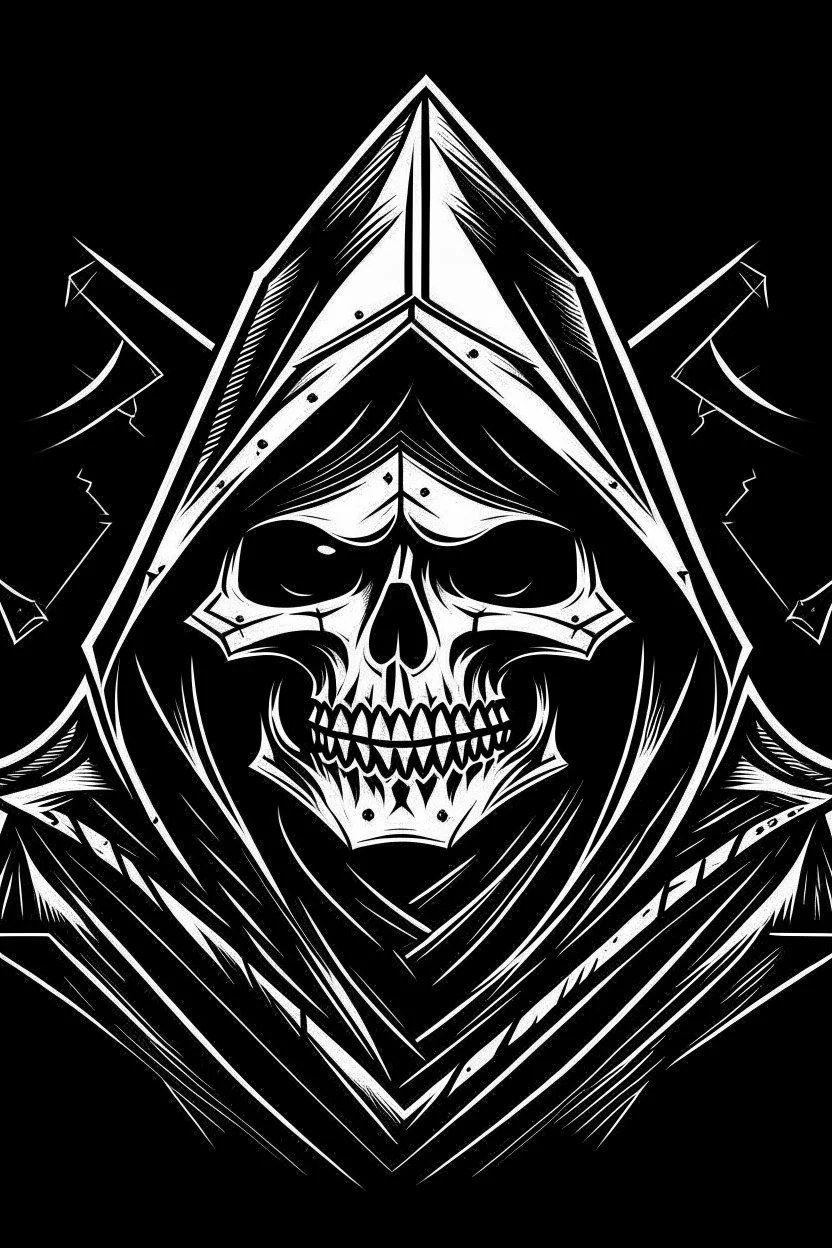 inside a diamond shape, skeletor motu in a black hooded cloak drawn in a retro mascot style, inside a diamond shape on a black background, monochromatic